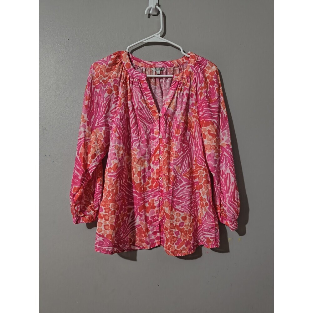 Nic+Zoe Size Medium Button Front Pink Bright Print Pink Cotton Lightweight